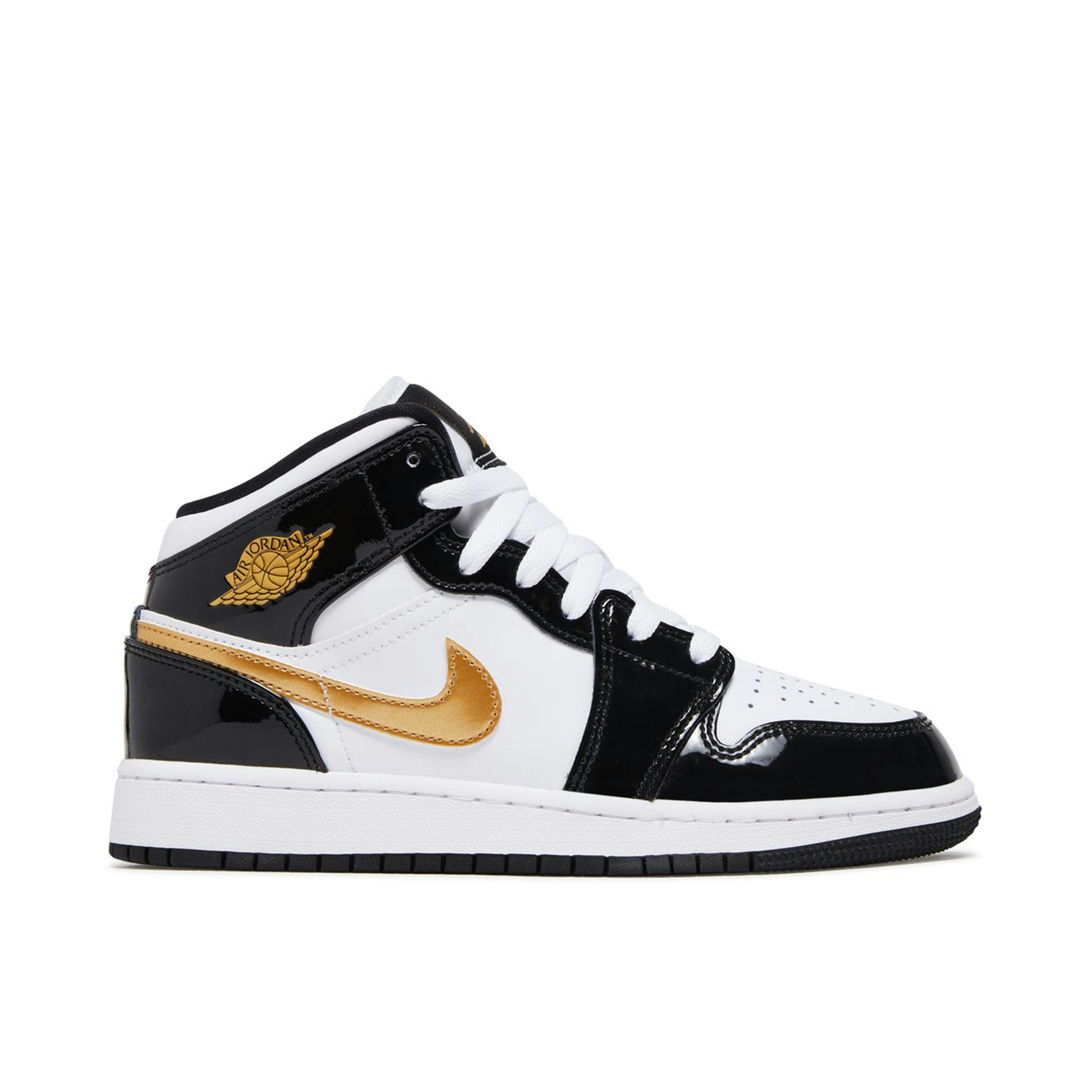 Air Jordan 1 Mid Patent Black White Gold GS